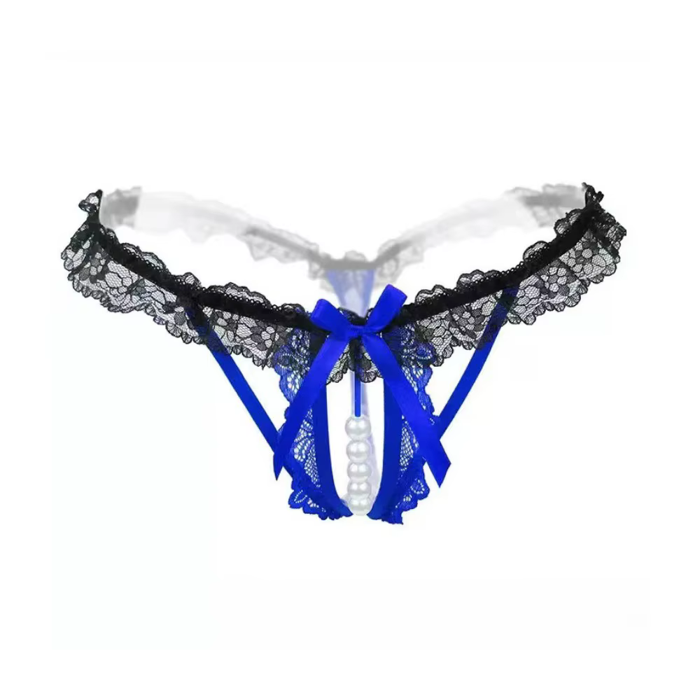 Culotte string transparente en dentelle perlée à entrejambe ouvert, taille basse, pour femme, linger