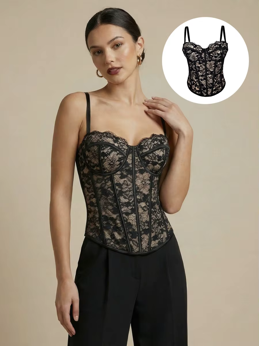 Camisole en dentelle noire sexy, forme rétro, corset à armatures, haut de corset, corset pour femme,