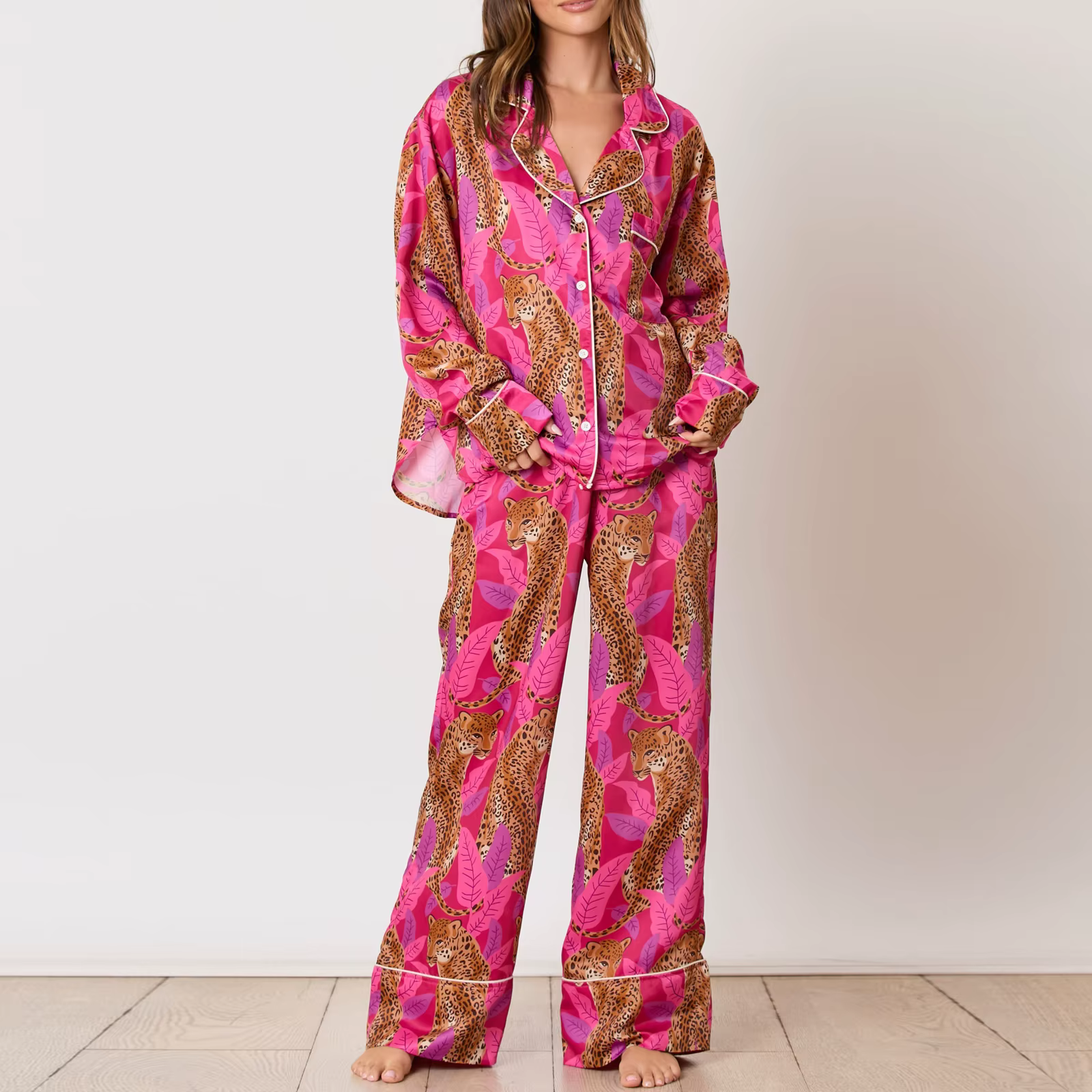 Hirigin-Ensemble pyjama imprimé léopard pour femme, col à revers, manches longues boutonnées, pantal