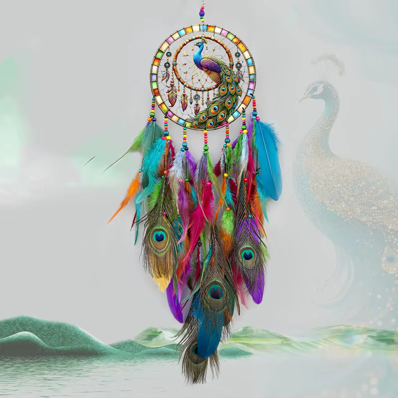 Attrape-rêves en plumes colorées de paon, carillons éoliens en acrylique 3D, grandes tentures murale