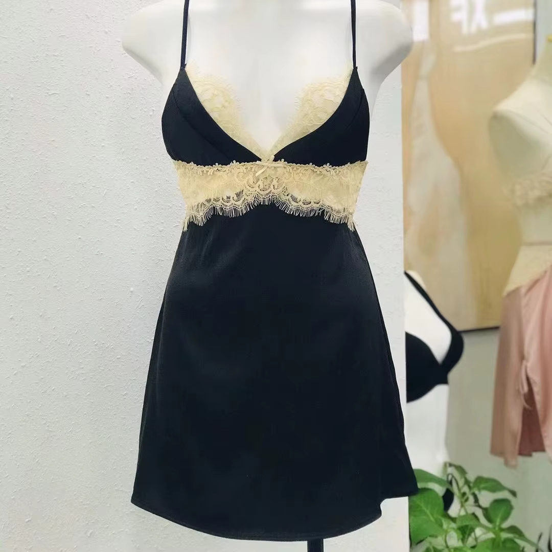 Chemise de nuit en dentelle satinée soyeuse pour femmes, vêtements de nuit français, lingerie sexy,