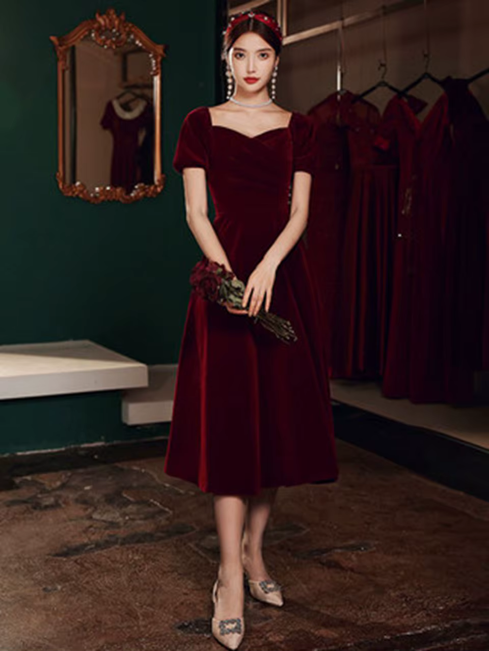 Robe de soirée Vintage bordeaux, manches courtes, ligne a, longueur cheville, Simple, nouvelle colle