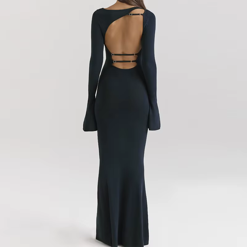 Robe longue en maille bleu nuit dos nu pour femme, élégante, à manches évasées, moulante, coupe sirè