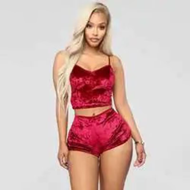 Pyjama en velours sexy, lingerie à col en V, deux ensembles, bretelles pour femmes, pantalon court, 