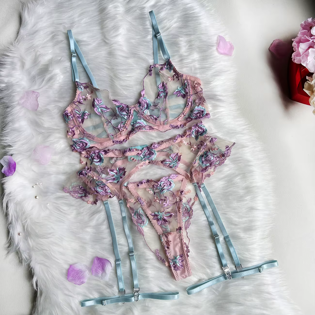Ellolace – Lingerie féerique florale transparente, sous-vêtements à volants, jarretelles, sous-vêtem