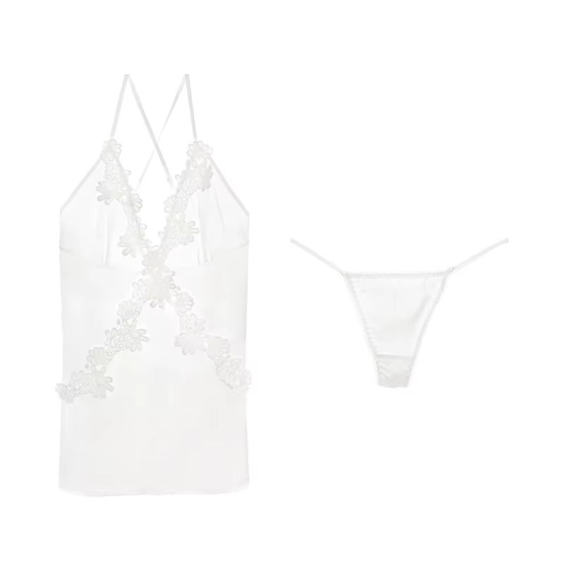 Meet'r Satin vêtements de nuit femmes Sexy broderie dos nu chemise de nuit col en v pyjama avec stri