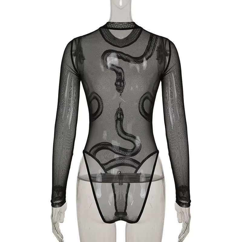 Combinaison en maille transparente à imprimé serpent noir pour femme, manches longues, col montant,