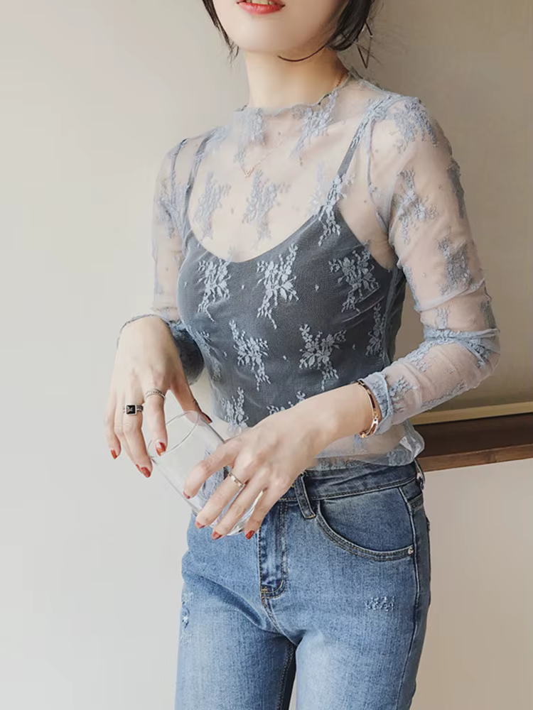 Haut intérieur en dentelle à col haut pour femmes, nouveau style d'automne et d'hiver, chemise en ma