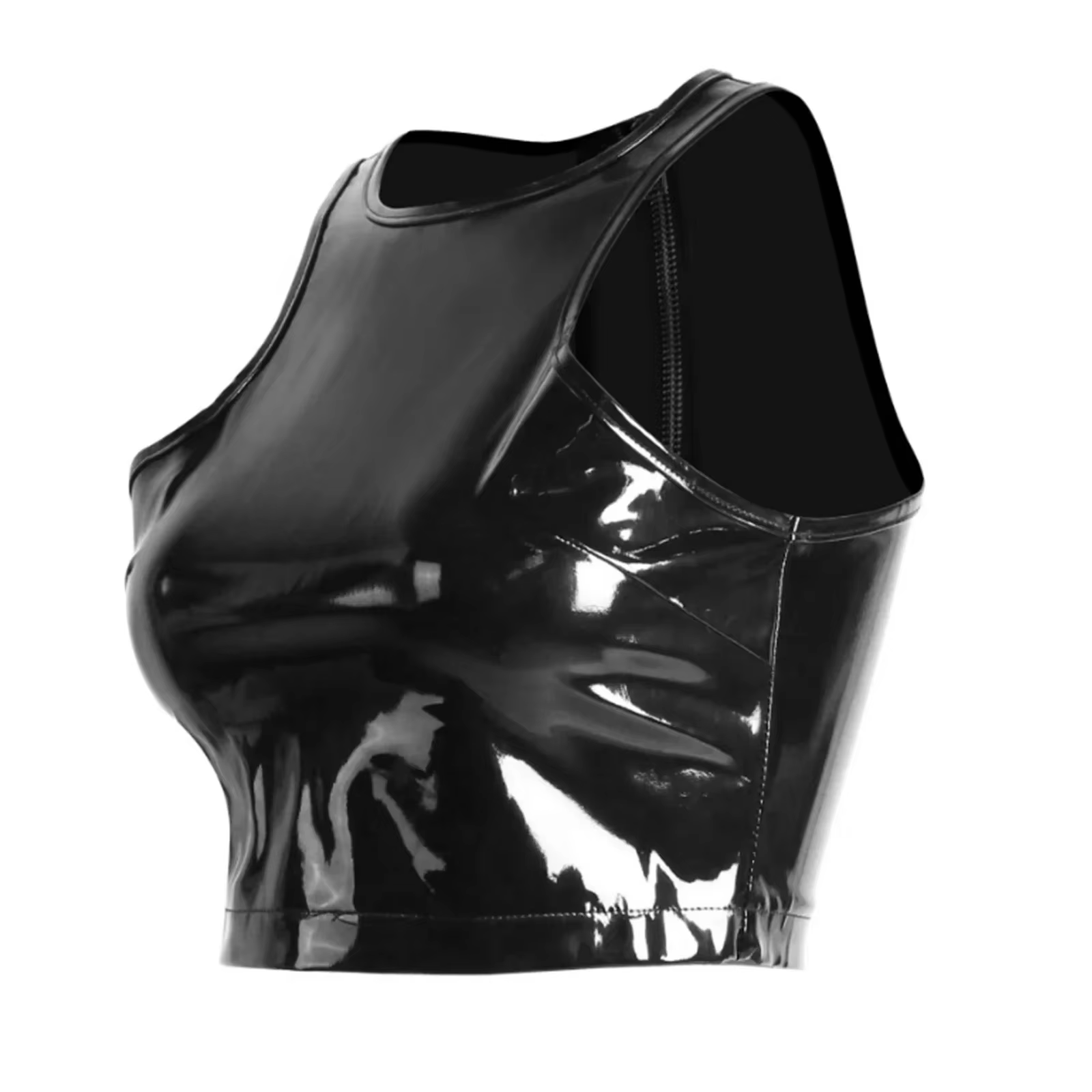 Haut sexy en faux latex pour femmes, fermeture éclair au dos, cuir verni brillant, aspect de support