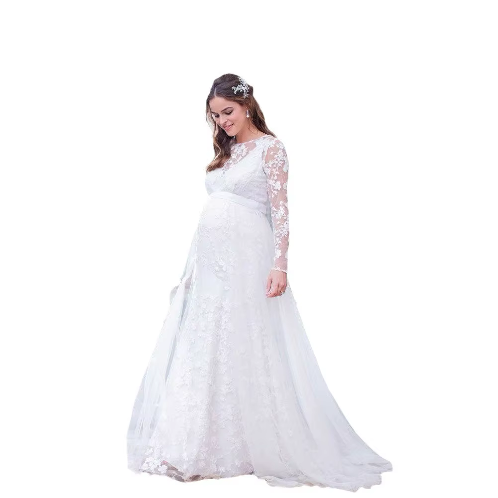 ALTERFull-Robe Longue Maxi en Dentelle, Manches sulf, en Forme de V, Ourlet au Dos, Bouffante, pour