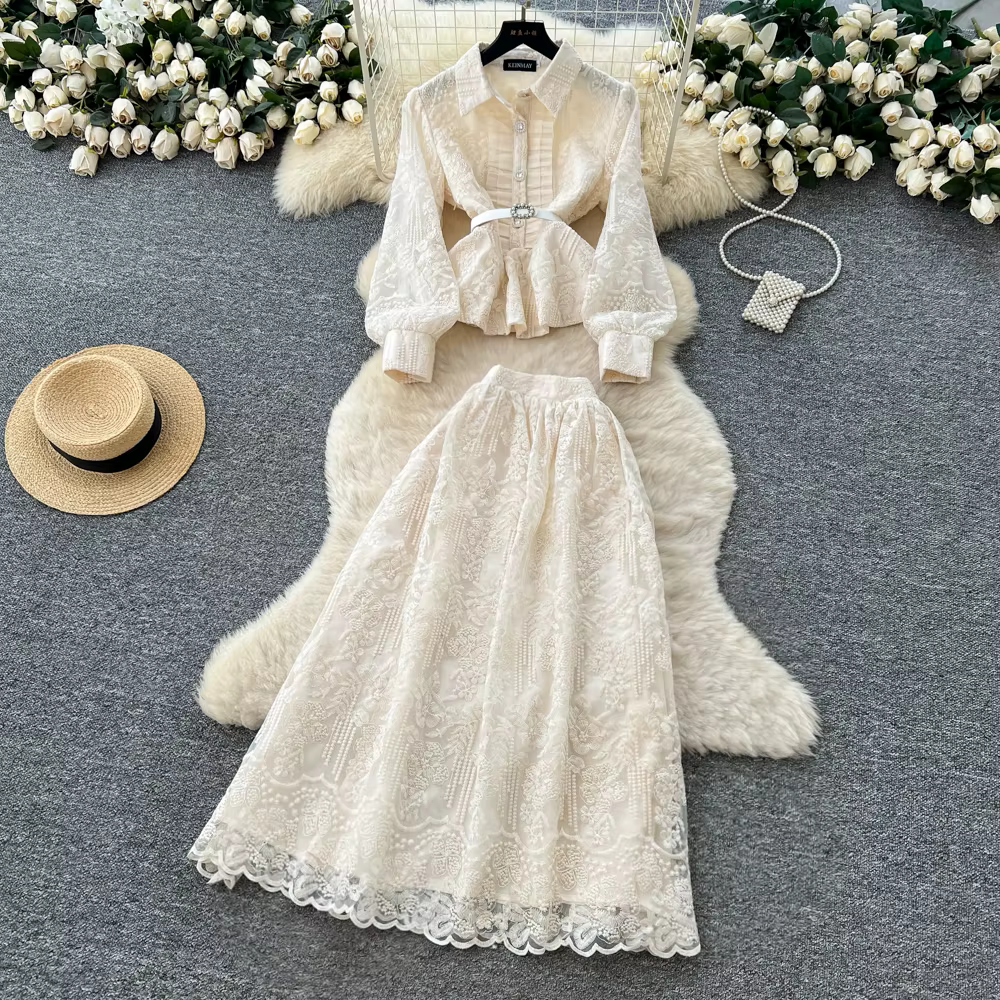 Ensemble deux pièces Chic pour femmes, haut brodé à manches longues, jupe taille haute, vêtements fé