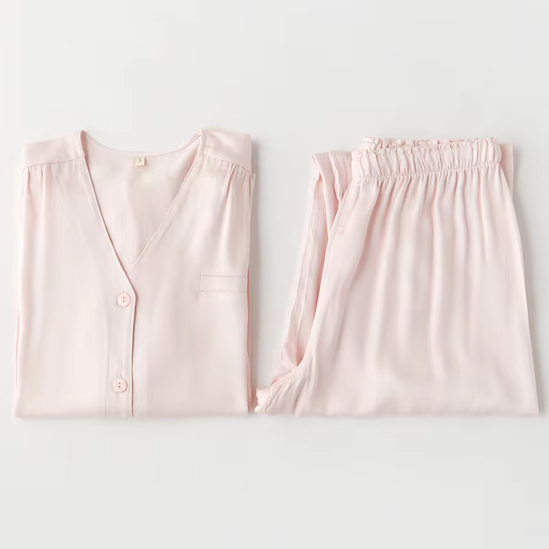 Ensemble pyjama élégant en Satin soyeux pour femmes, vêtements de nuit à manches longues, col en v, 