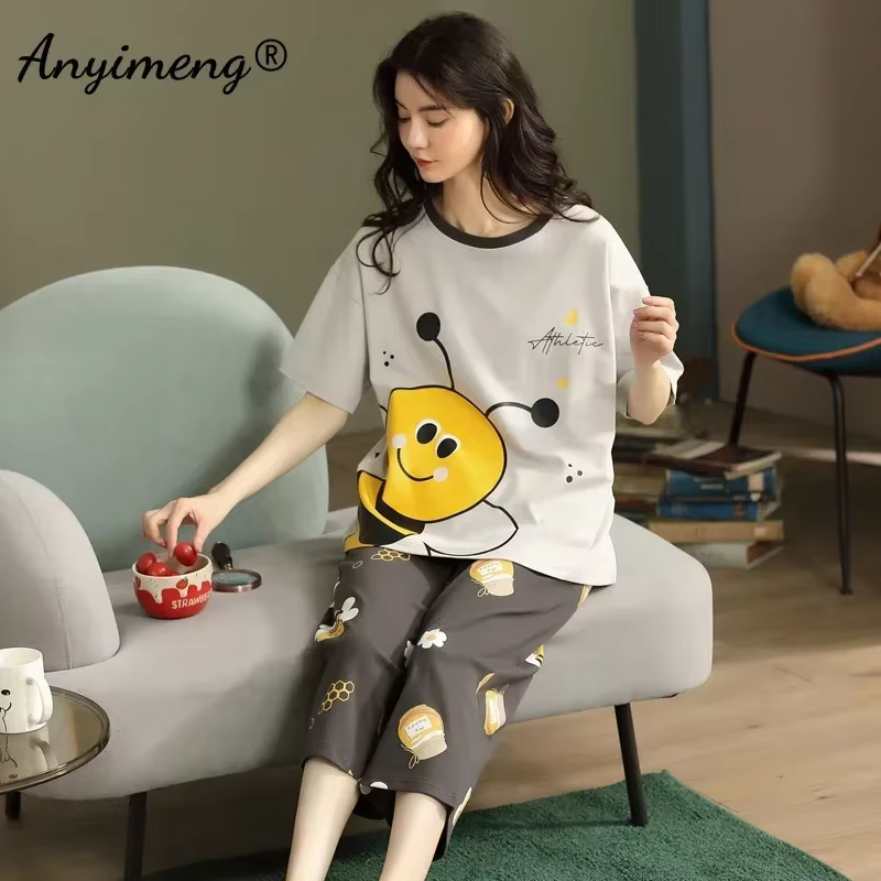 Capris-Pyjama d'été en coton pour femme, short, kawaii, lune, girafe, nuages, impression, joli vêtem