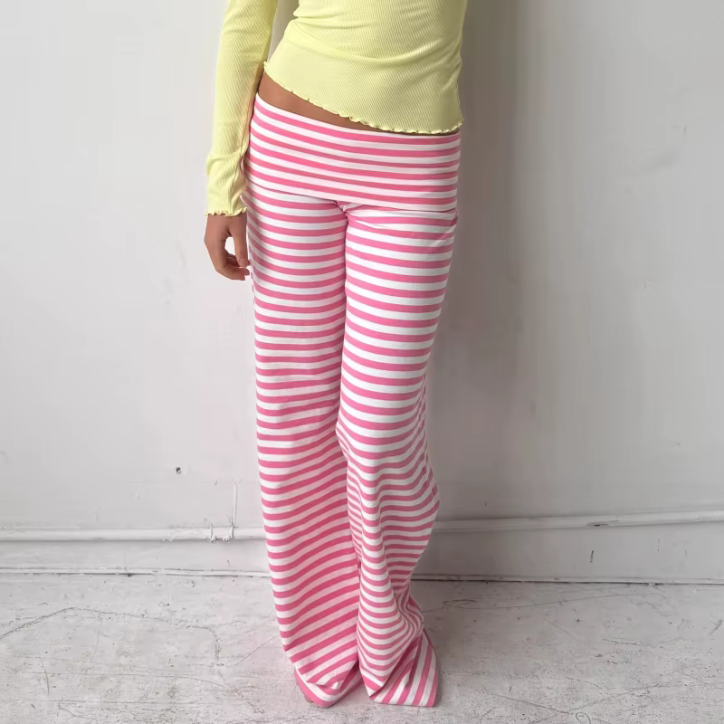 Pantalon de pyjama décontracté pour femme rayé taille basse pantalon de salon taille élastique cordo