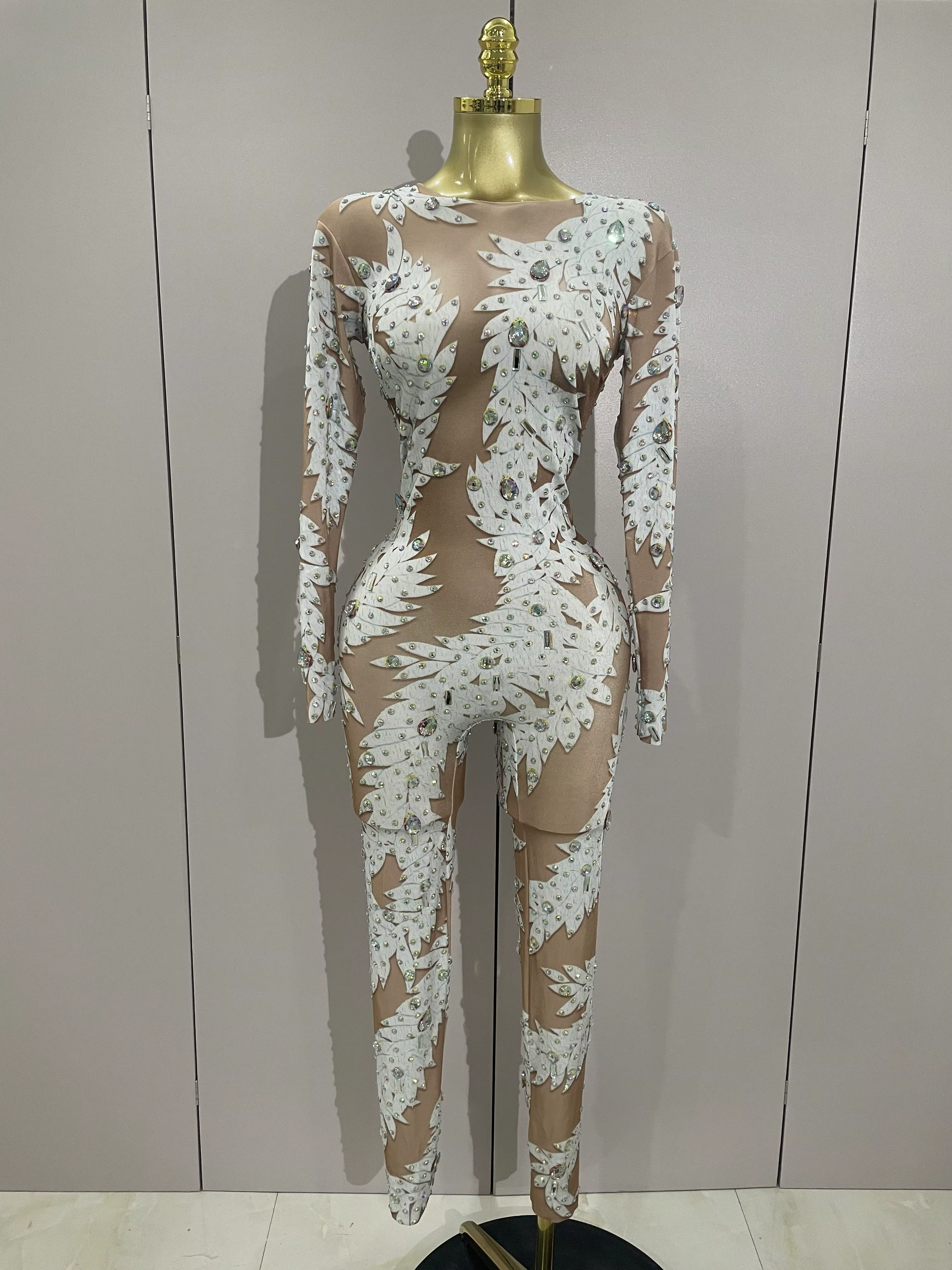Combinaison moulante à manches longues pour femme, sexy, à haute élasticité, ornée de cristaux, pour