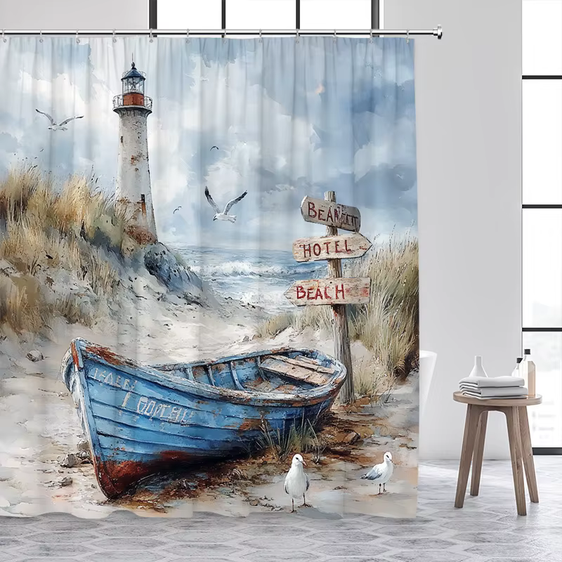 Rideaux de Douche Vintage avec Phare de l'Océan Bleu, Bateau, Mer, Vagues, Aquarelle, Art Moderne, D