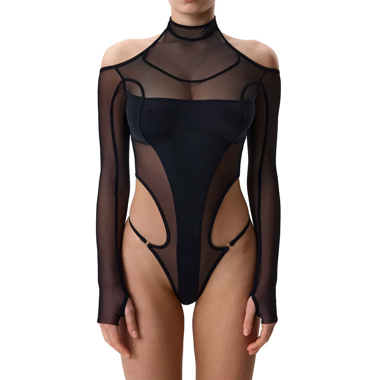 Lingerie féminine : Chemises de nuit, Bodys, Teddy, Babydoll en résille transparente à épaules dénud