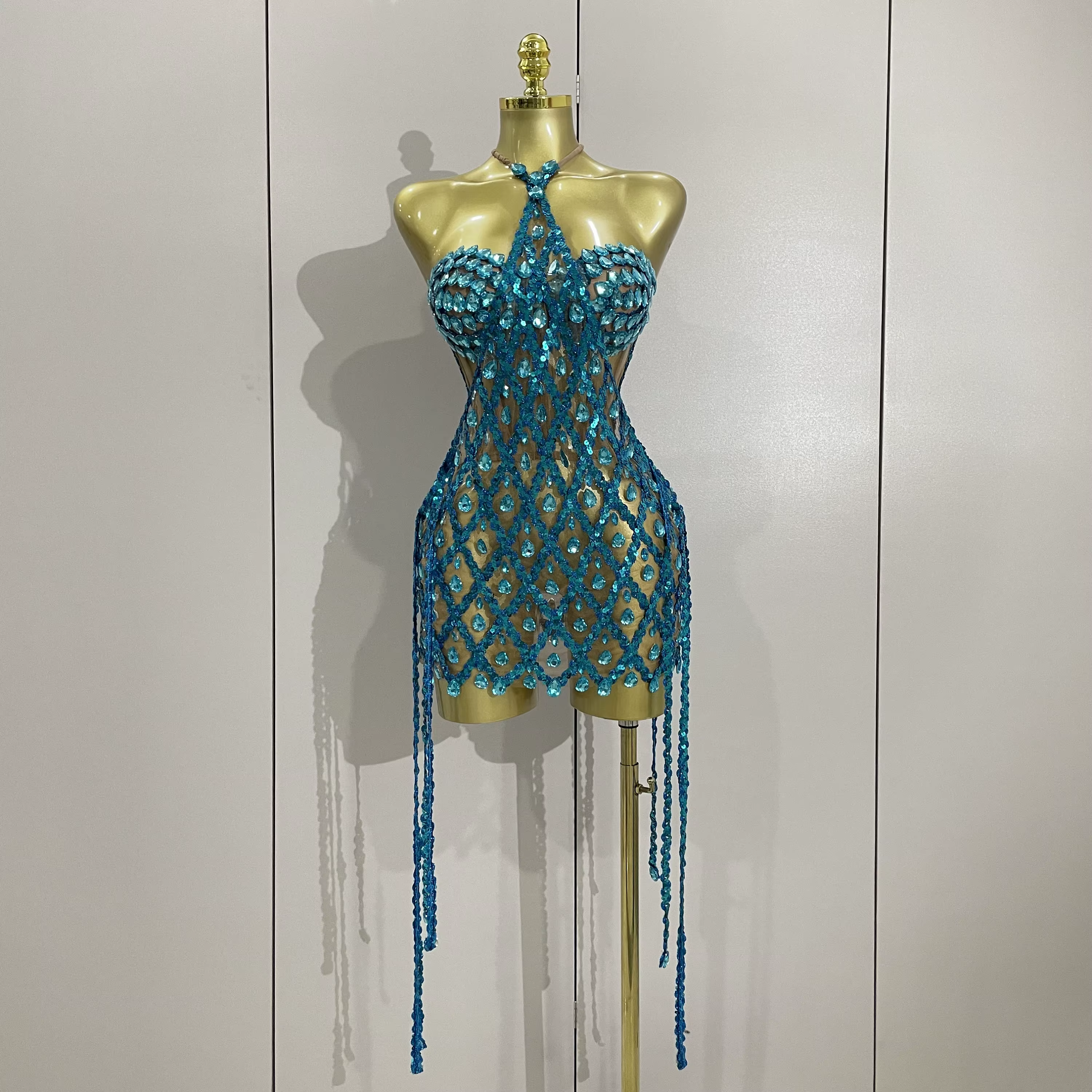 Ensemble deux pièces Transparent en maille de diamant pour femmes, Sexy, paillettes scintillantes, r