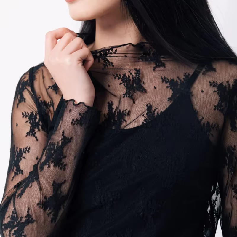 Chemisier à fond en dentelle pour femmes, T-shirt à manches longues en maille, haut court, Style étr