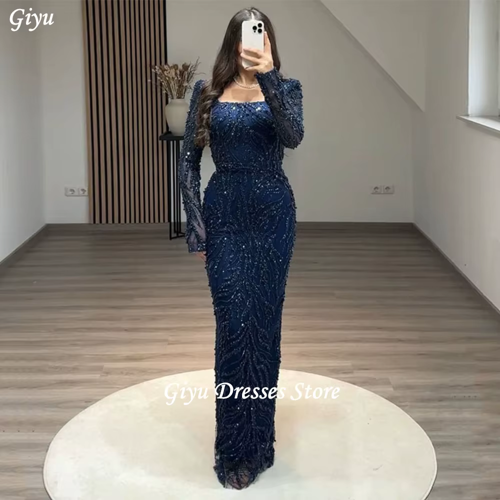 Giyu robe de soirée scintillante col carré manches longues perles paillettes gaine Pageant robe de s