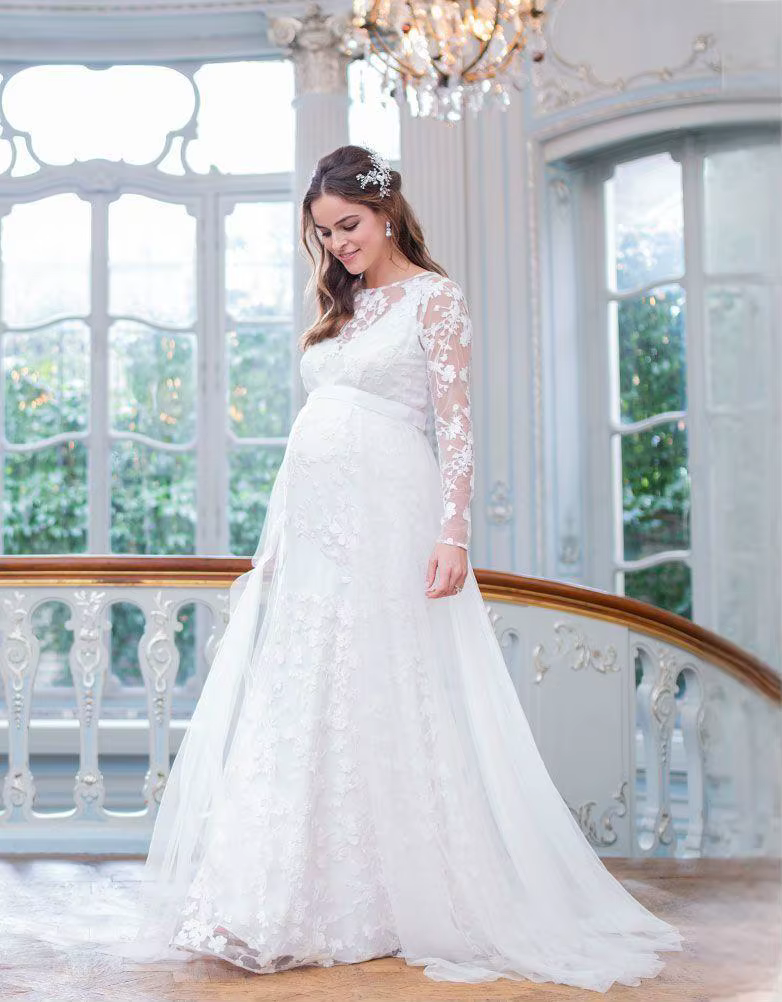ALTERFull-Robe Longue Maxi en Dentelle, Manches sulf, en Forme de V, Ourlet au Dos, Bouffante, pour