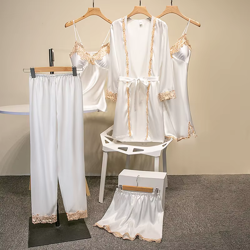 Nouvel Ensemble de Pyjama de Luxe en Satin 5 Pièces pour Femme 2025 – Vêtements de Nuit Soyeux avec