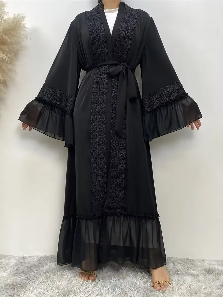Abayas noires musulmanes avec ceinture pour femmes, Djellaba marocaine, Dubaï, manches évasées brodé