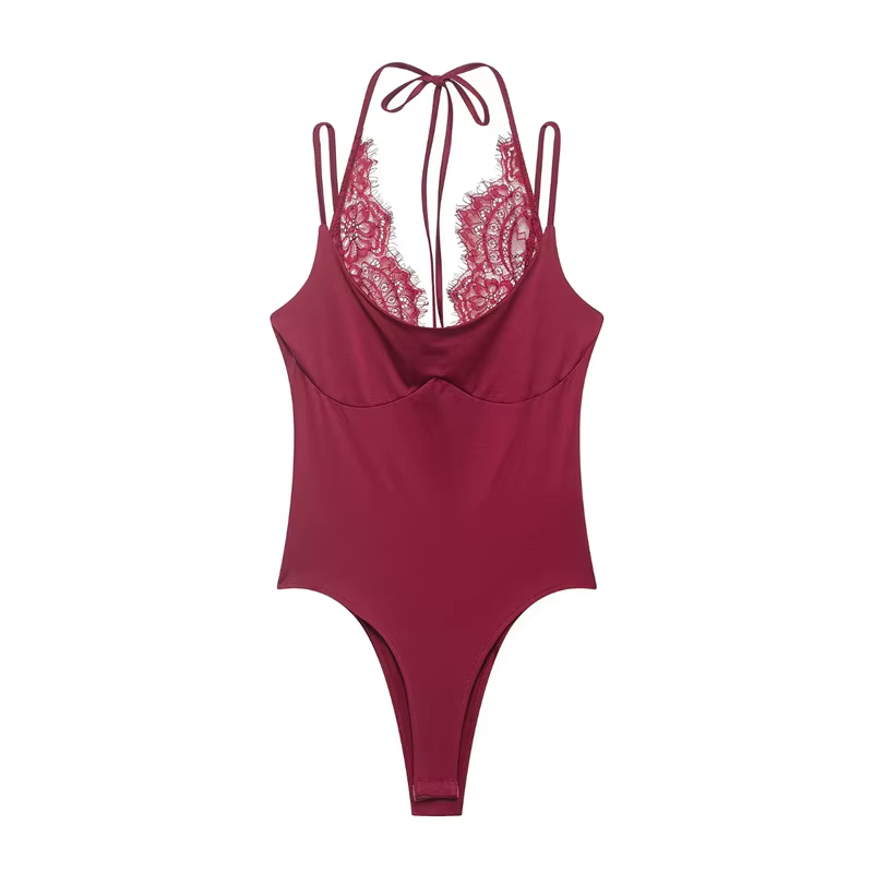 2026 Body moulant rose sexy pour femme, style streetwear, sans manches, en dentelle patchwork, pour 