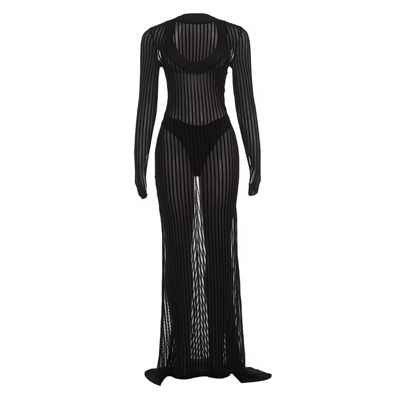 Nibber Club Sexy Voir À Travers Longue Robe Femme Rayure Patchwork Col Bas À Manches Complètes Chaud