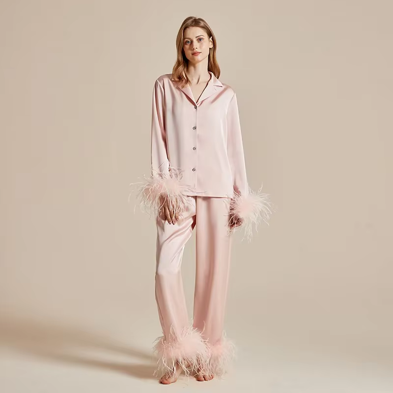 Plumes de luxe Pyjamas ensemble vêtements de détente mode dame vêtements de nuit Pijamas costume élé