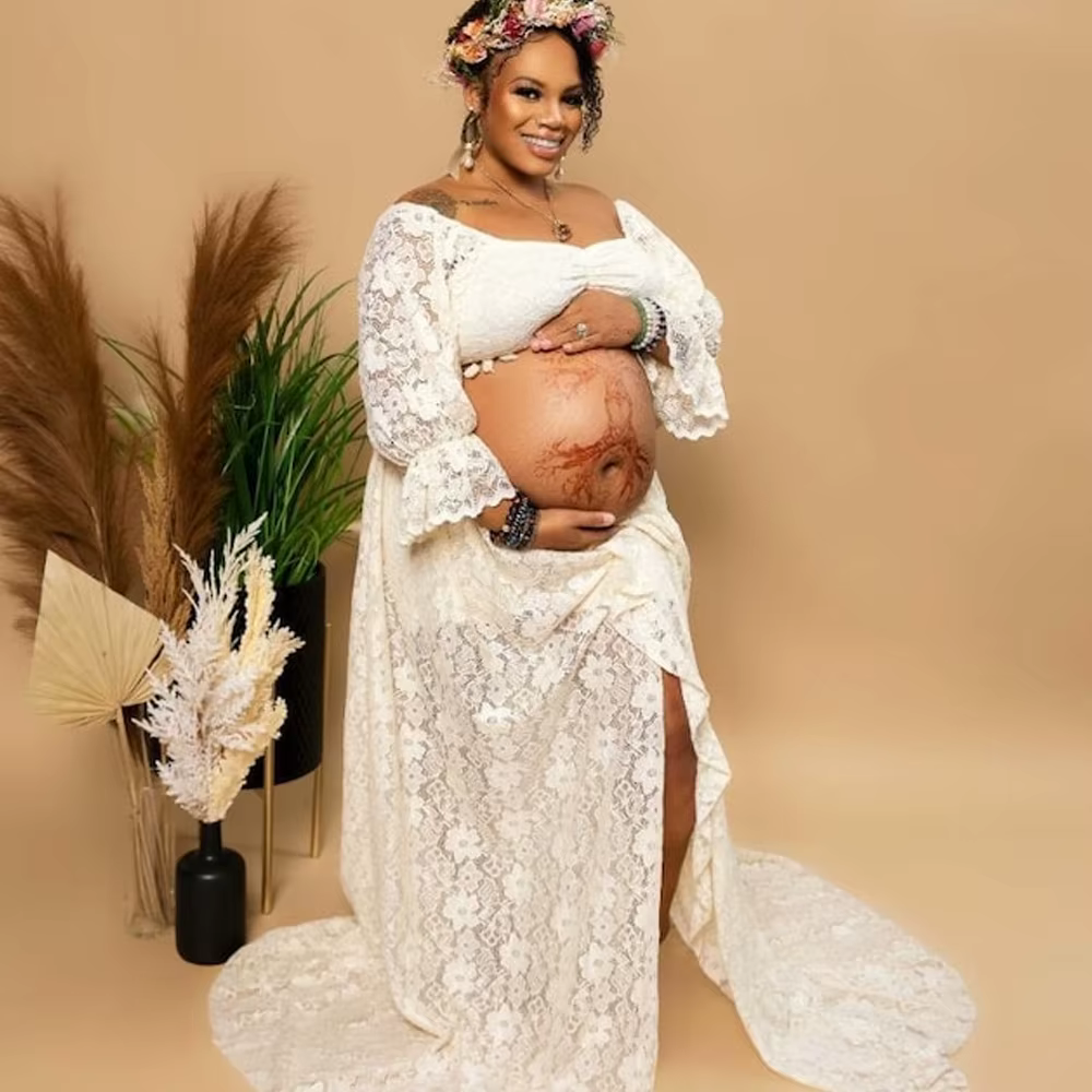 ALTERPhotography-Robe fendue sexy en dentelle creuse pour femme enceinte, ensemble de 2 pièces, robe