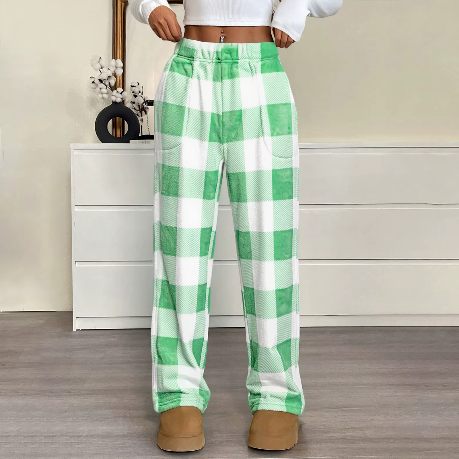 Pantalon de pyjama pour femmes, taille élastique, polaire floue, bas à carreaux, vêtements de nuit d