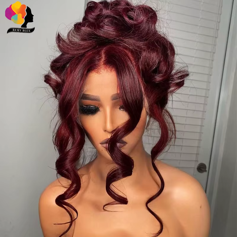 Perruque Lace Front Wig Body Wave Naturelle, Cheveux Humains, Bordeaux, Rouge 99J, 13x6, pour Femme