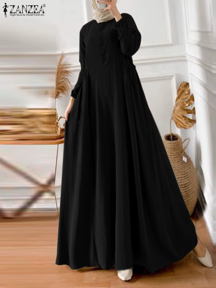 2025 ZANZEA Ramadan musulman Abaya Robe femmes élégant à manches longues solide Maxi Robe d'été isla
