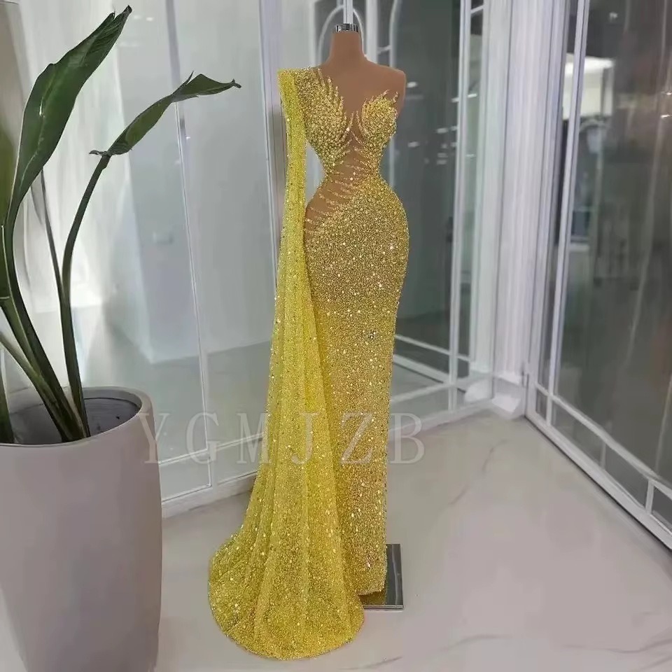 Robe de soirée longue jaune de luxe, style sirène, perlée, avec traîne latérale longue, robe de bal