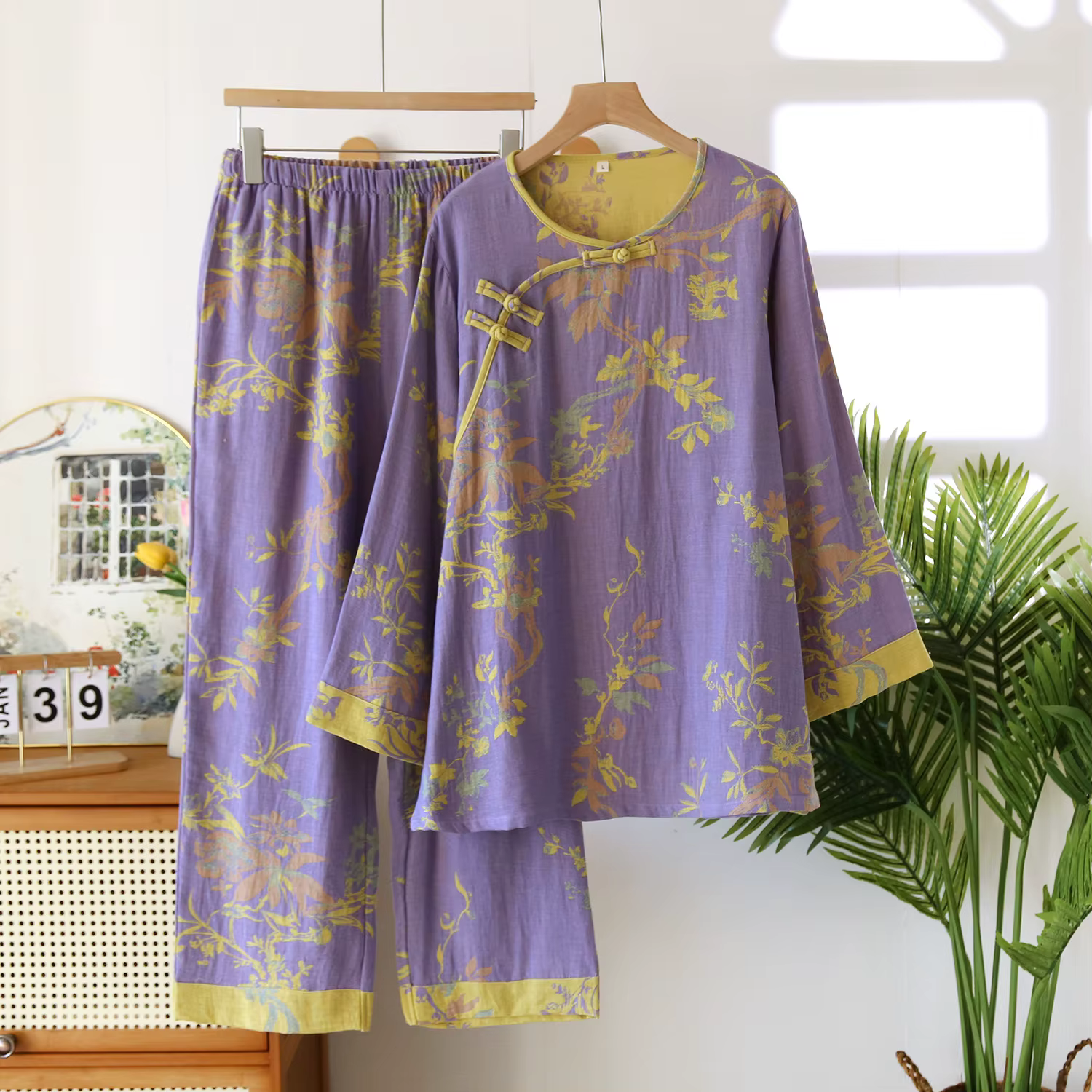 Ensemble pyjama quatre saisons pour femme, 2024 fil de coton, jacquard, style national, ameublement 