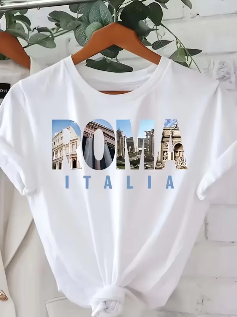 T-shirt à manches courtes pour femme Roma Italia City Photo Fill Graphic, décontracté, à col rond, i