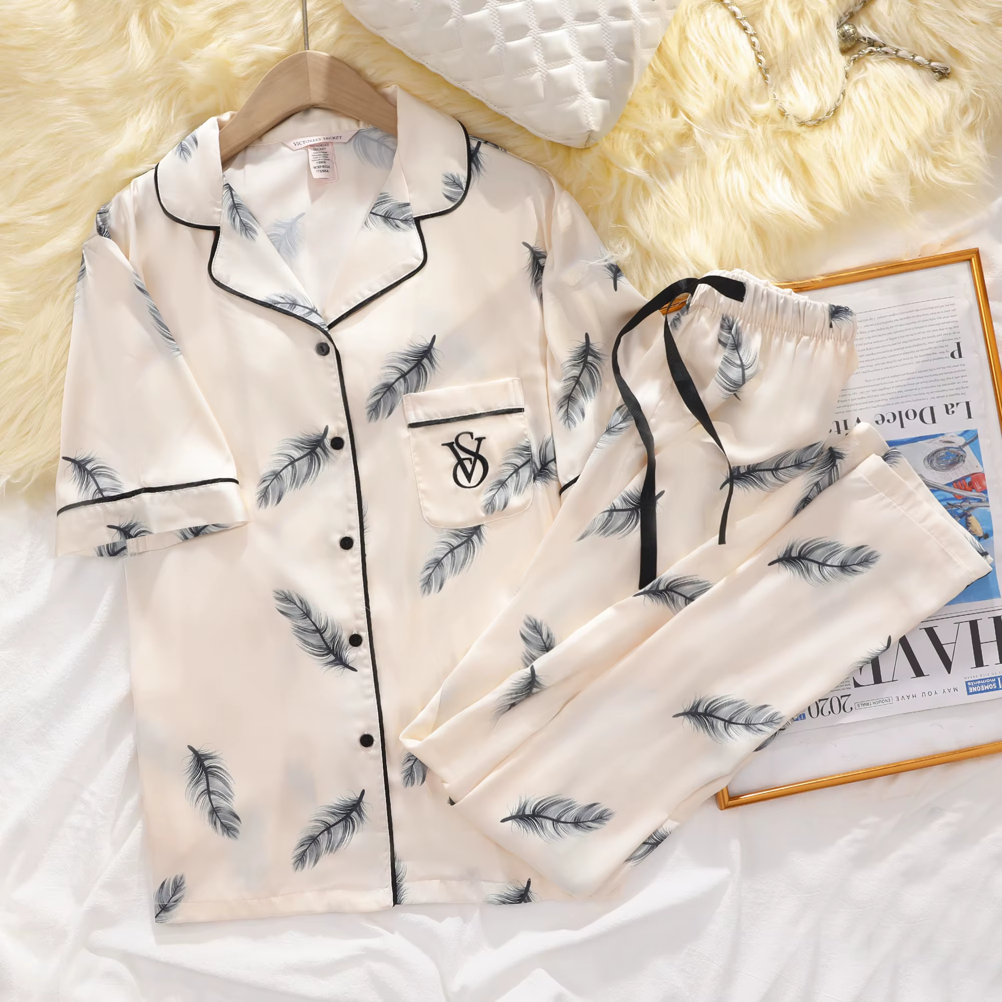 Ensemble de pyjama en satin de soie pour femmes Victoria's Secret, manches courtes, shorts, vêtement