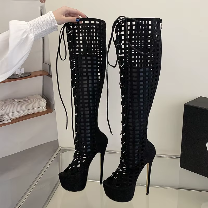 Eilyken Bottes d'été sexy à bout ouvert et ajourées pour femme, en maille, à lacets, à talons aiguil