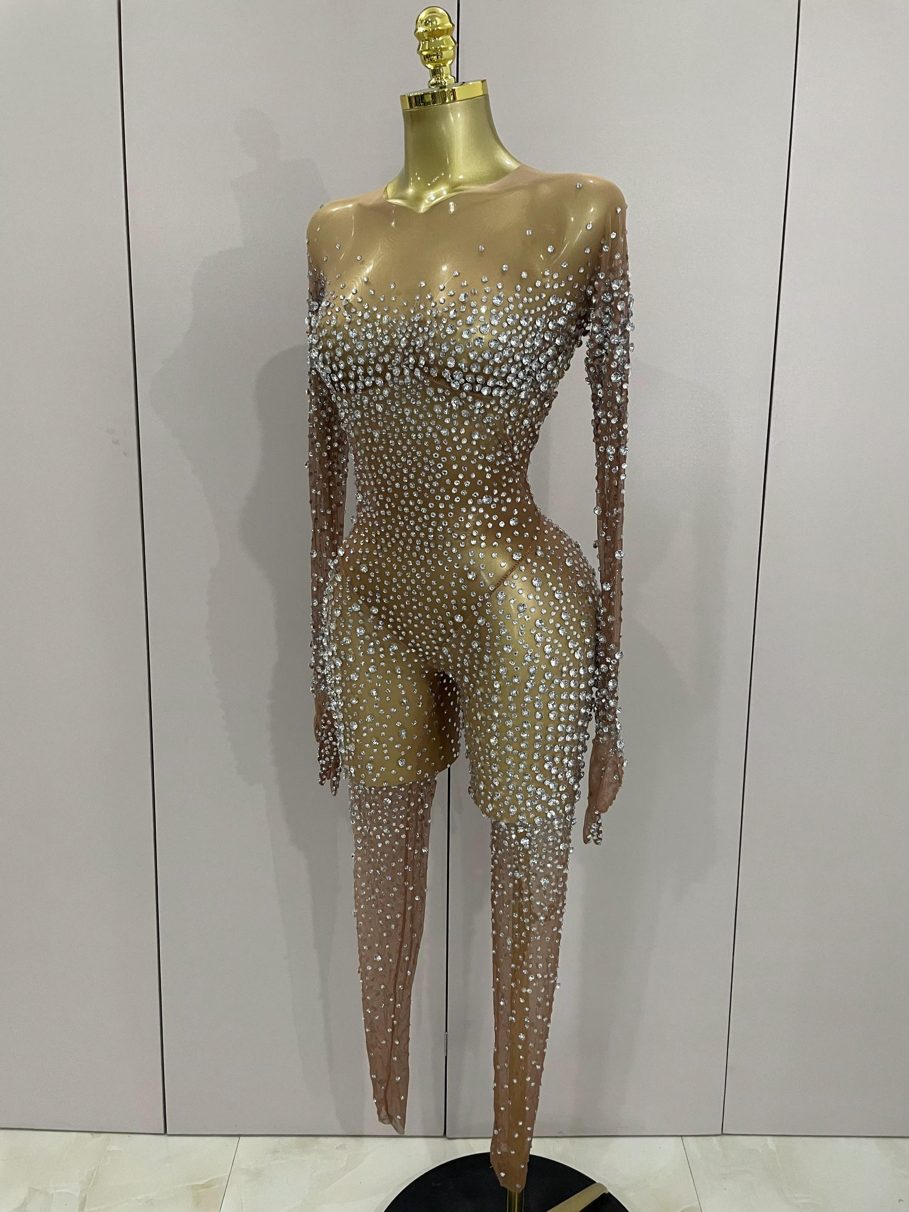 Combinaison de luxe en maille transparente pour femmes, strass scintillants, Sexy, moulante, robe d'