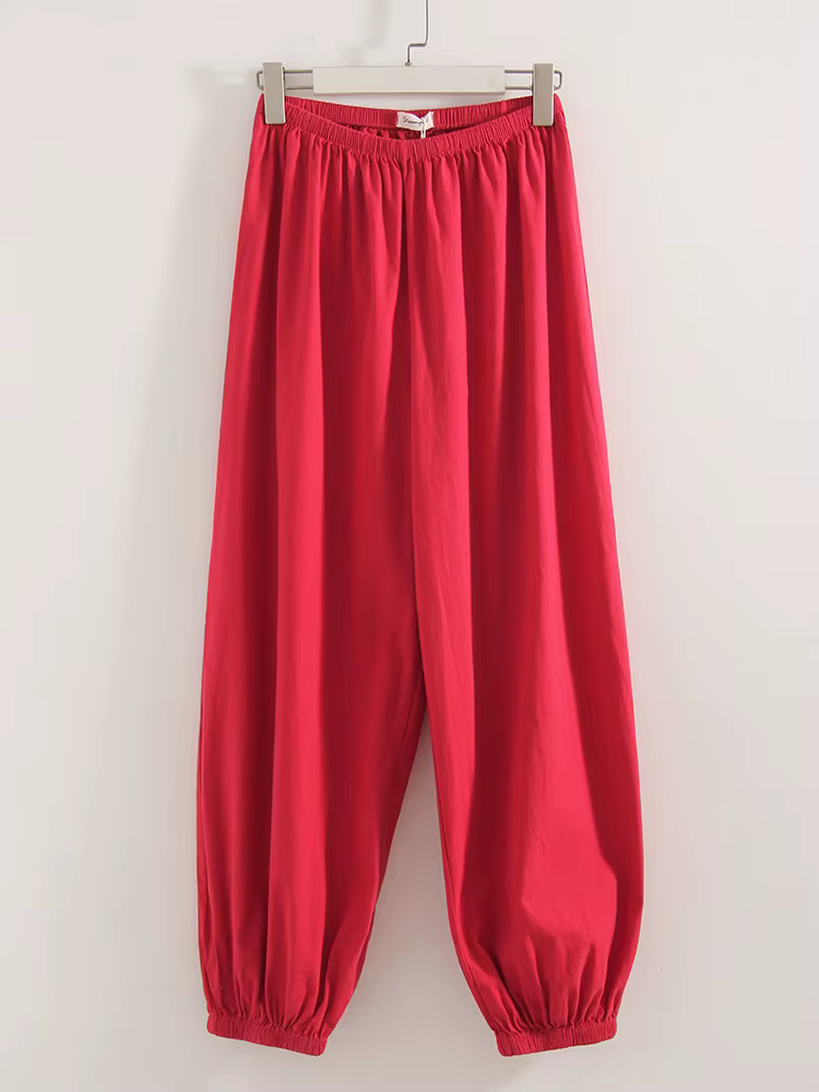 Pantalon ample rouge pour femme, taille élastique en coton, style lanterne décontracté, pantalon dro