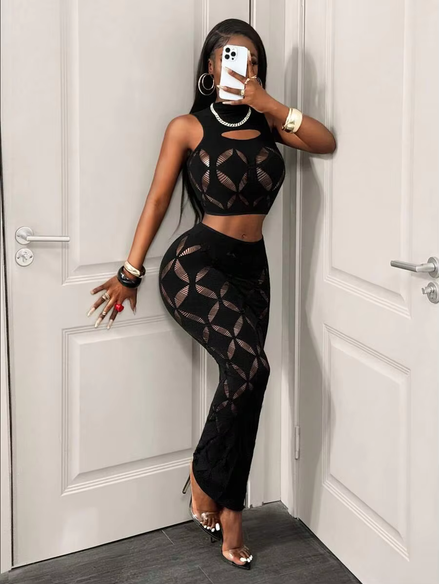 FHSEER Ensemble sexy 2 pièces grande taille pour femme, débardeur court en maille transparente ajour