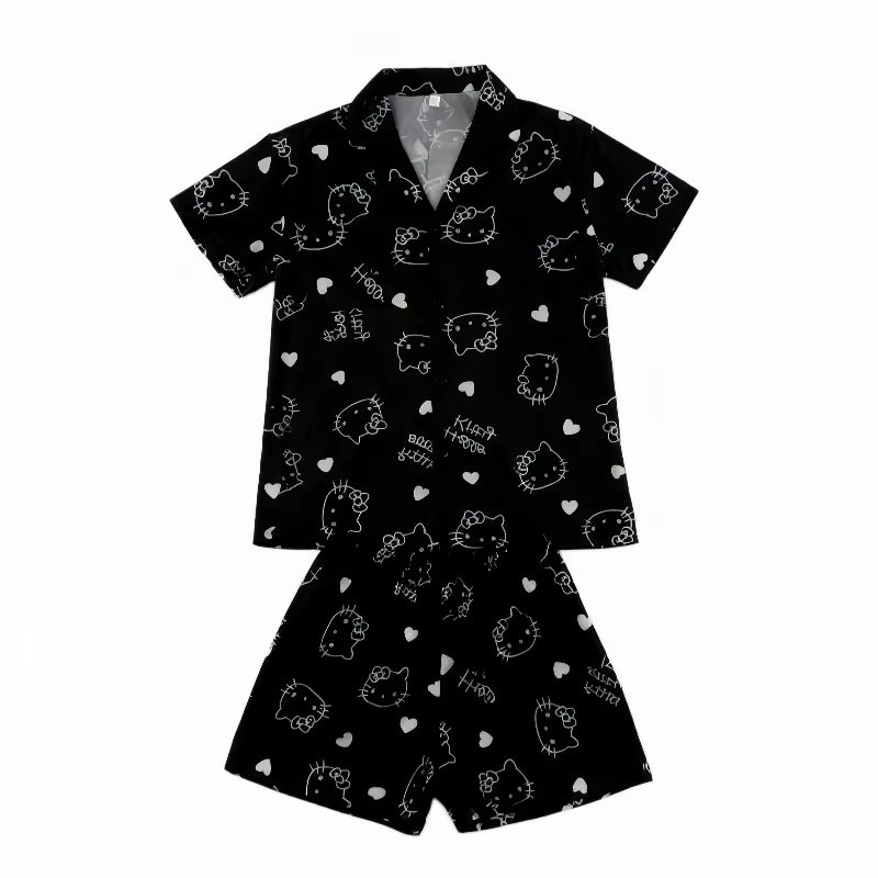 Ensemble pyjama à manches courtes Hello Kitty printemps/été, vêtements de détente noirs, cadeau de f