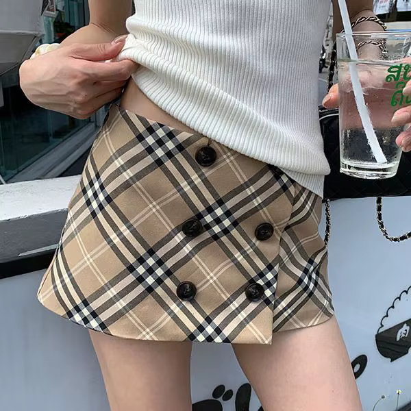 Jupe à carreaux kaki de type A pour femme, nouvelle jupe américaine tendance, taille basse, sexy et