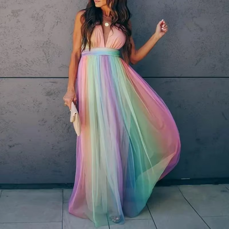 Robe à bretelles en maille arc-en-ciel, vêtements d'été pour femmes, longue robe de plage, robe à br