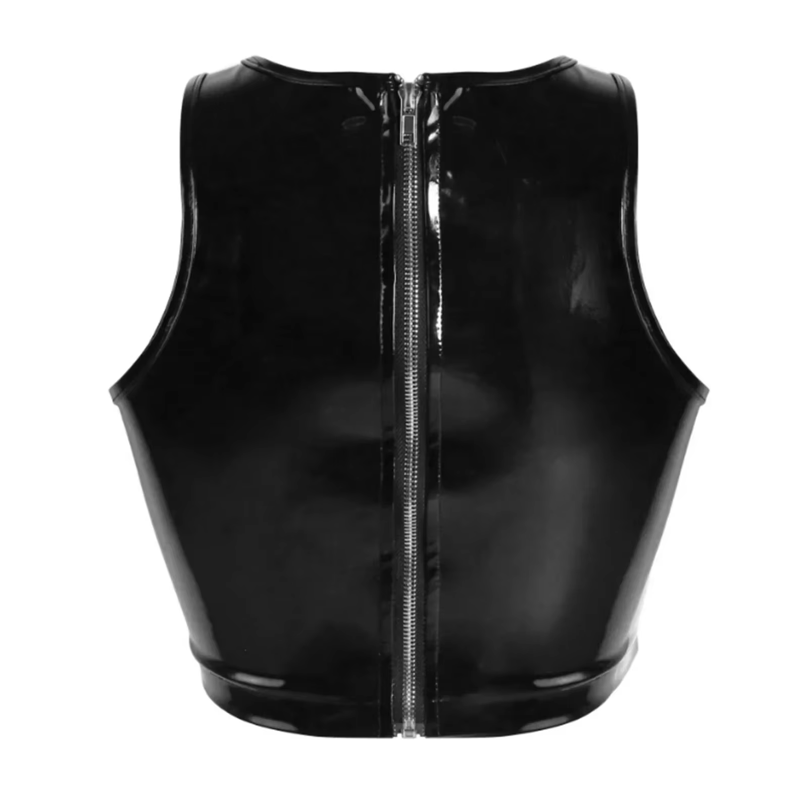 Haut sexy en faux latex pour femmes, fermeture éclair au dos, cuir verni brillant, aspect de support