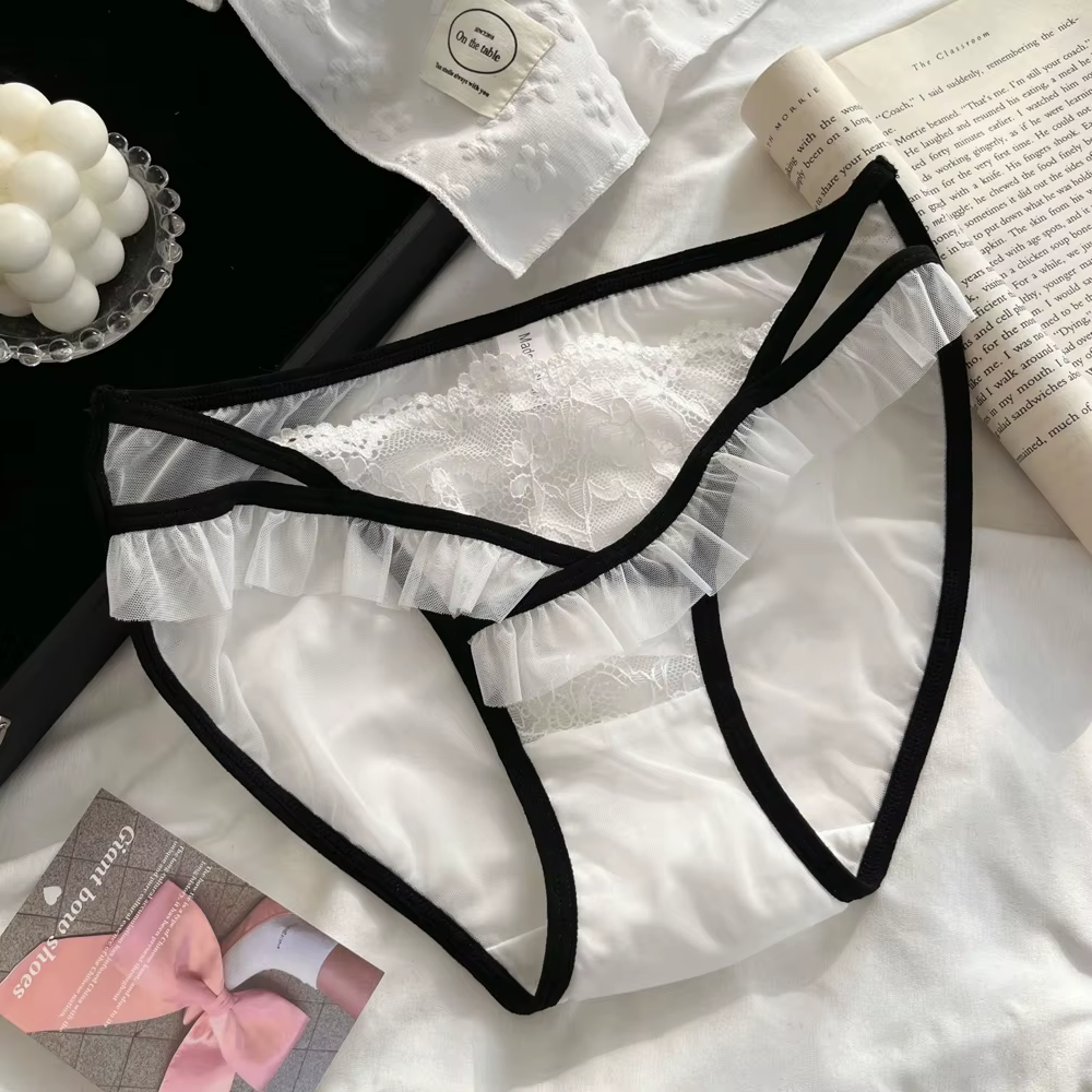 Culotte femme Sexy et pur désir garniture en dentelle transparente nœud noué creux confortable léger