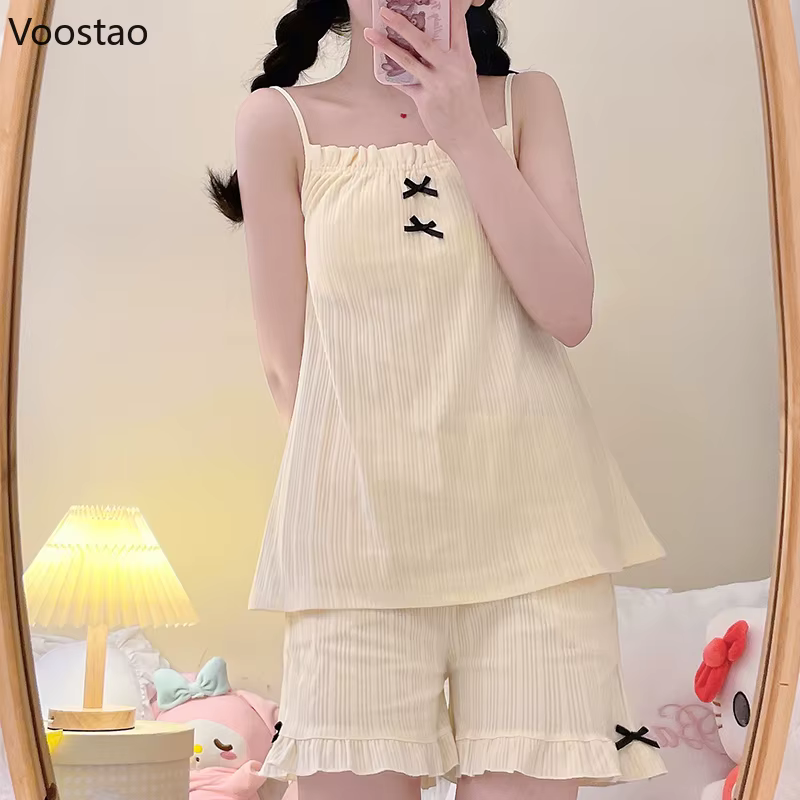 Ensemble de pyjama à nœud de style Lolita Kawaii japonais, short à volants en Y, vêtements d'intérie