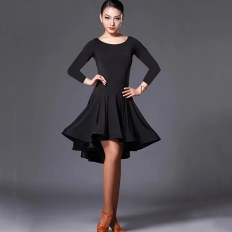 Robes de danse latine pour femmes, jupe courte à manches longues, 2 couleurs, en Spandex, pour salle