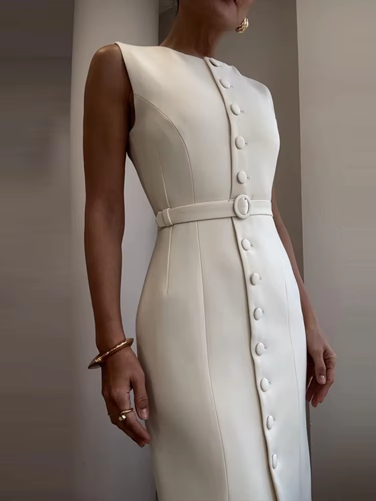 Costume sans manches à lacets robe mi-longue femmes élégant col rond simple boutonnage coupe ajustée